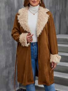 SHEIN LUNE Plus Fuzzy Trim Belted Coat