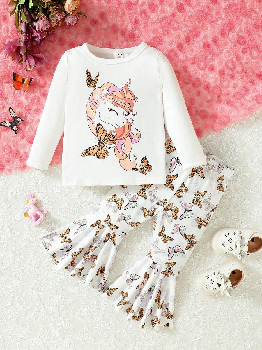 SHEIN 女嬰卡通圖案T恤&喇叭褲