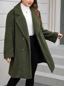 SHEIN Clasi Plus Lapel Neck Double Breasted Teddy Coat - Army Green - View 1