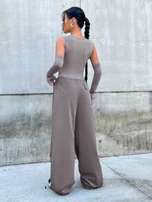 SHEIN EZwear Solid Crop Tank Top With Arm Sleeves & Drawstring Waist Pants - Grey - View 2