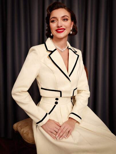 Vintamour Contrast Binding Crop Blazer Concert Vintage Clothes Winter Women Clothes Winter Women Coat Old Money Aesthetic Fall Clothes Teacher Clothes