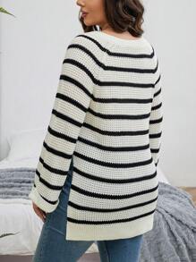 Calvaya 大碼條紋圖案下擺開叉套頭毛衣 - 黑與白 - 查看 2
