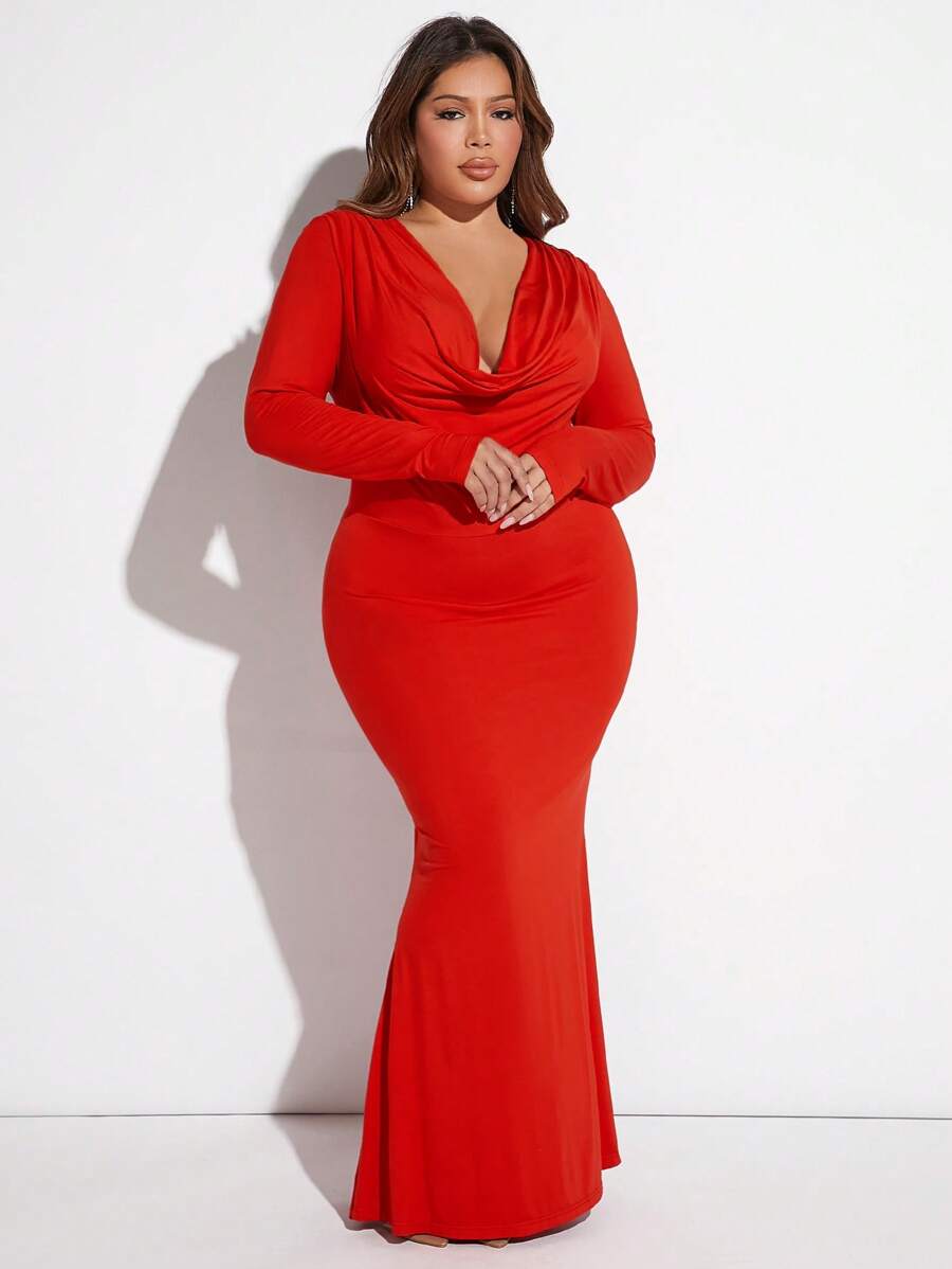 SHEIN X GiudiceGirls Plus Gola Drapeada Bainha De Sereia Vestido - Vermelho - Ver 1