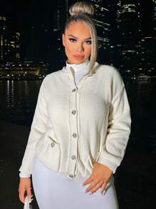 SHEIN SXY Cárdigan de hombros caídos con botón delantero - Beis - Ver 1