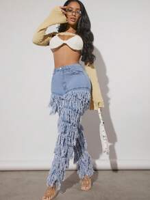 Denimoi High Waist Layered Fringe Trim Jeans, Festival - Blue - View 5