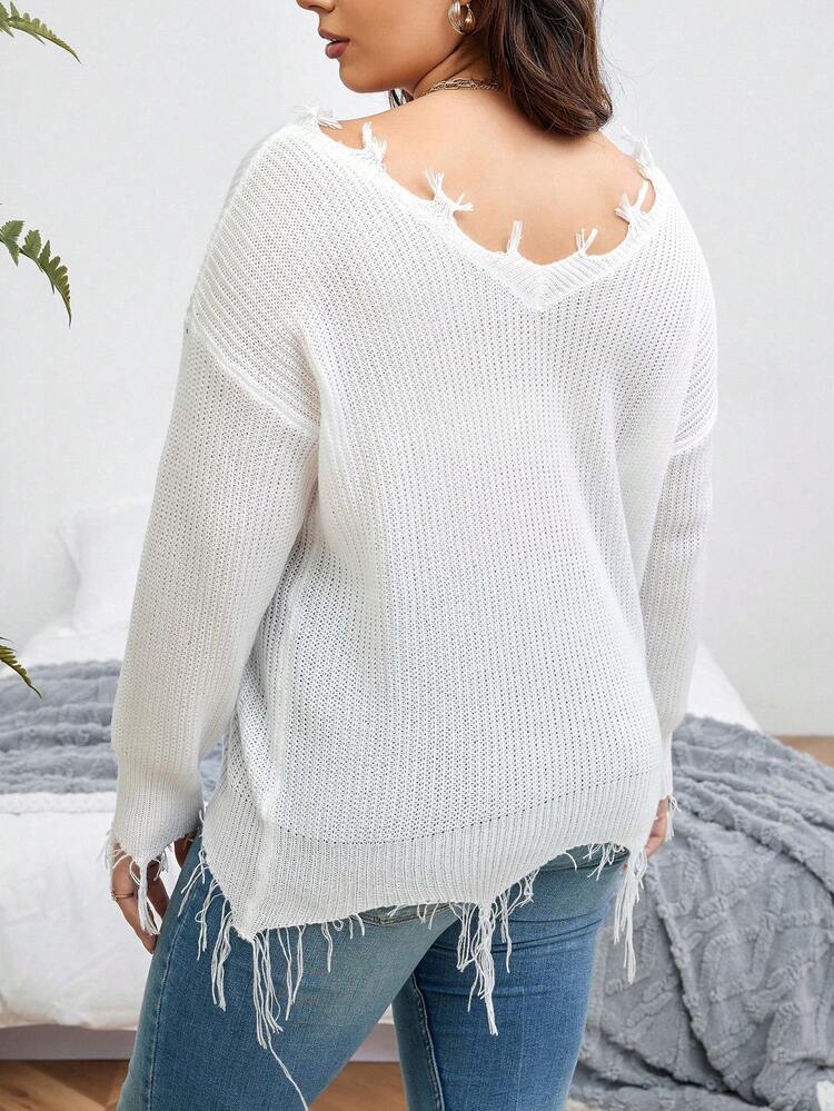 Plus Drop Shoulder Distressed Trim Sweater Knit Pullover Fall Winter Sweater