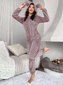 Panda Embroidery 3D Ear Design Hooded Zipper Front Flannel Sleep Jumpsuit - Dusty Pink - View 4
