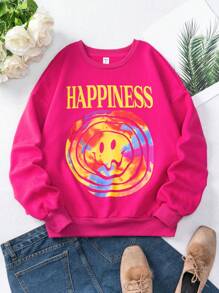 青少年女孩字母和卡通圖案落肩套頭衫 - 玫紅色 - 查看 1