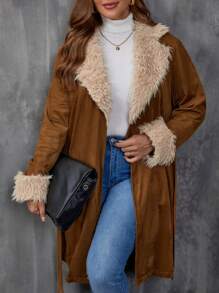 SHEIN LUNE Plus Fuzzy Trim Belted Coat