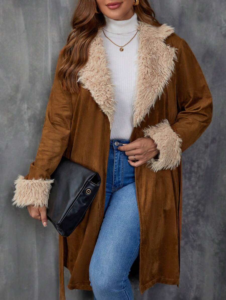 SHEIN LUNE Plus Fuzzy Trim Belted Coat