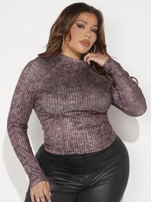 SHEIN SXY Plus Mock Neck Raglan Sleeve Marled Knit Tee - Coffee Brown - View 4