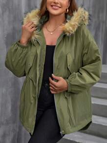 SHEIN LUNE Plus Drawstring Waist Fuzzy Trim Hooded Parka Coat - Army Green - View 5
