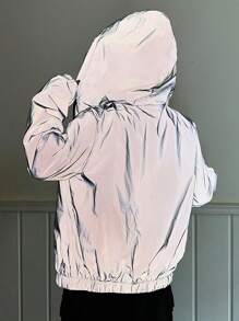 SHEIN EZwear Zip Up Drawstring Hooded Reflective Jacket In Fall/Winter - Grey - View 2