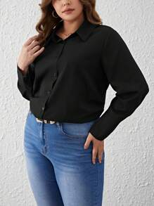 SHEIN Privé Hơn Chất rắn Nút phía trước Áo sơ mi - màu đen - Xem 3