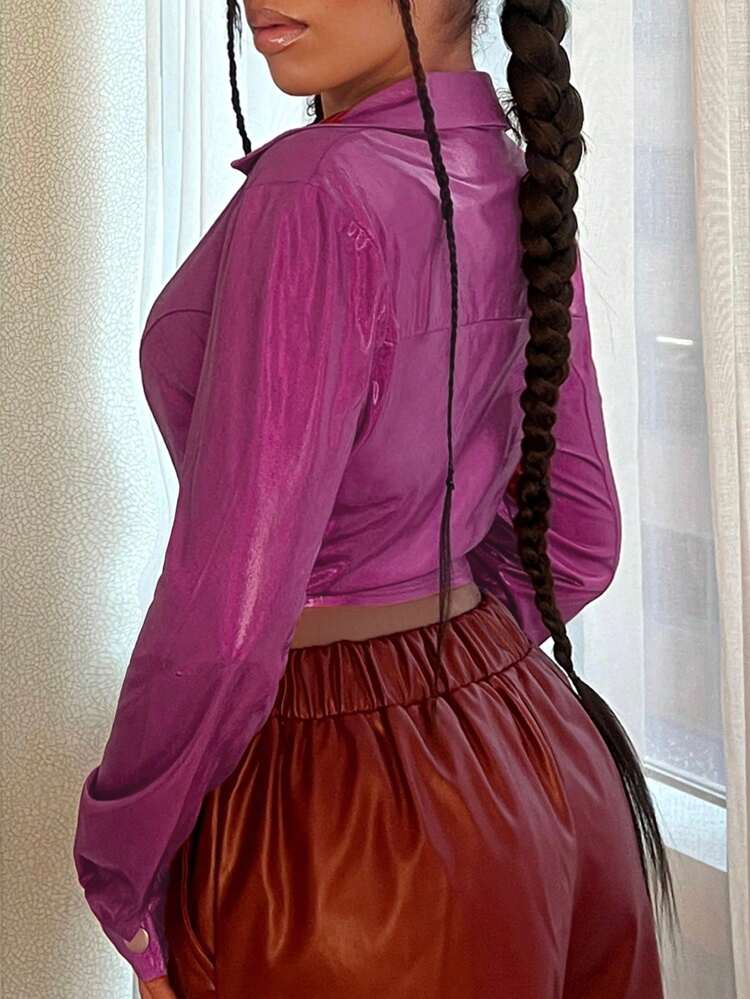 Solid Button Front Asymmetrical Hem PU Leather Jacket