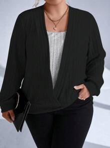 SHEIN LUNE Plus Solid Ribbed Knit Sweatshirt Pullover Fall Sweatshirt - Multicolor - View 4