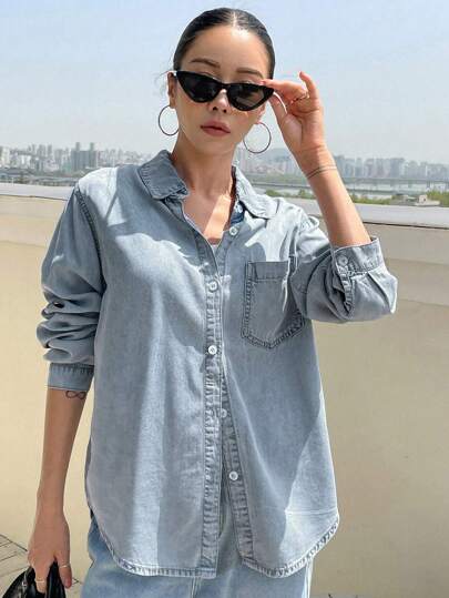 DAZY Blusa de mezclilla con bolsillo con parche y botones, chaqueta de mezclilla, ropa de mujer de otoño de manga larga