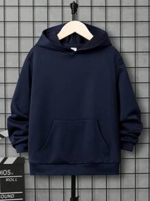 SHEIN 青少年男孩翅膀字母图案袋鼠口袋卫衣 - 藏蓝色 - 查看 2