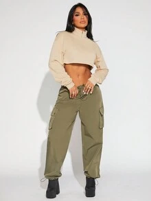 SHEIN SXY 半拉鏈落肩袖短款運動衫 - 卡其色 - 查看 4