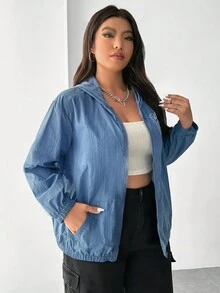 SHEIN EZwear 大碼恐龍印花拉鏈開襟連帽夾克 - 藍色 - 查看 3