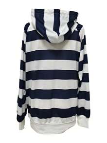 女士连帽运动衫，时尚欧美风格条纹印花，长袖休闲套头衫秋冬 - 藍色 - 查看 2
