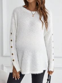 SHEIN Thai sản Chi tiết Nút Thả vai Viền chia cắt Áo thun - trắng - Xem 5