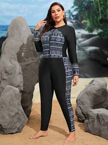 SHEIN Swim Curve Talla grande Bañador una pieza con estampado floral con cremallera delantera - Negro - Ver 4