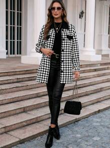 SHEIN Clasi Houndstooth Print Drop Shoulder Flap Detail Coat - Black and White - View 5