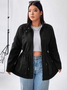 Flirla Hơn Túi có nắp Eo dây rút Thả vai Áo khoác - màu đen - Xem 3