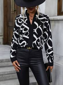 SHEIN Frenchy In Toàn bộ Đường viền cổ có rãnh Áo sơ mi - Đen và trắng - Xem 1