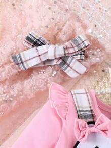 Baby Girl Ruffle Trim Tee & Plaid Print Overall Dress & Headband - Pink - View 3