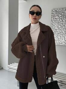 DAZY Lapel Neck Raglan Sleeve Teddy Coat - Brown - View 4