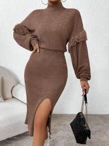 SHEIN Privé Áo cao cổ Viền rìa Tay áo lồng đèn Tách đùi Đầm - màu nâu - Xem 1