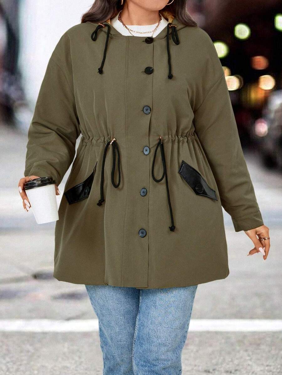 Calvaya 加大抽绳腰部落肩连帽派克大衣棉服外套冬季