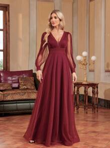 XUIBOL Plunging Neck Lantern Sleeve Mesh Prom Dress - Burgundy - View 2