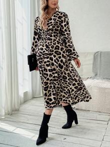 SHEIN 孕婦豹紋印花高衩洋裝 - 卡其色 - 查看 1