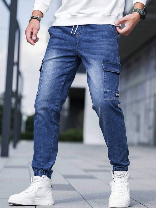 Manfinity Homme Men Flap Pocket Drawstring Waist Cargo Jeans Slim Fit Long Washed Denim Joggers Jean Plain Dark Blue Going Out Casual Friends