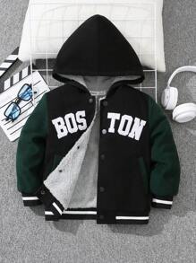 SHEIN Chico joven Abrigo con estampado de letra con forro teddy con capucha - Negro - Ver 3