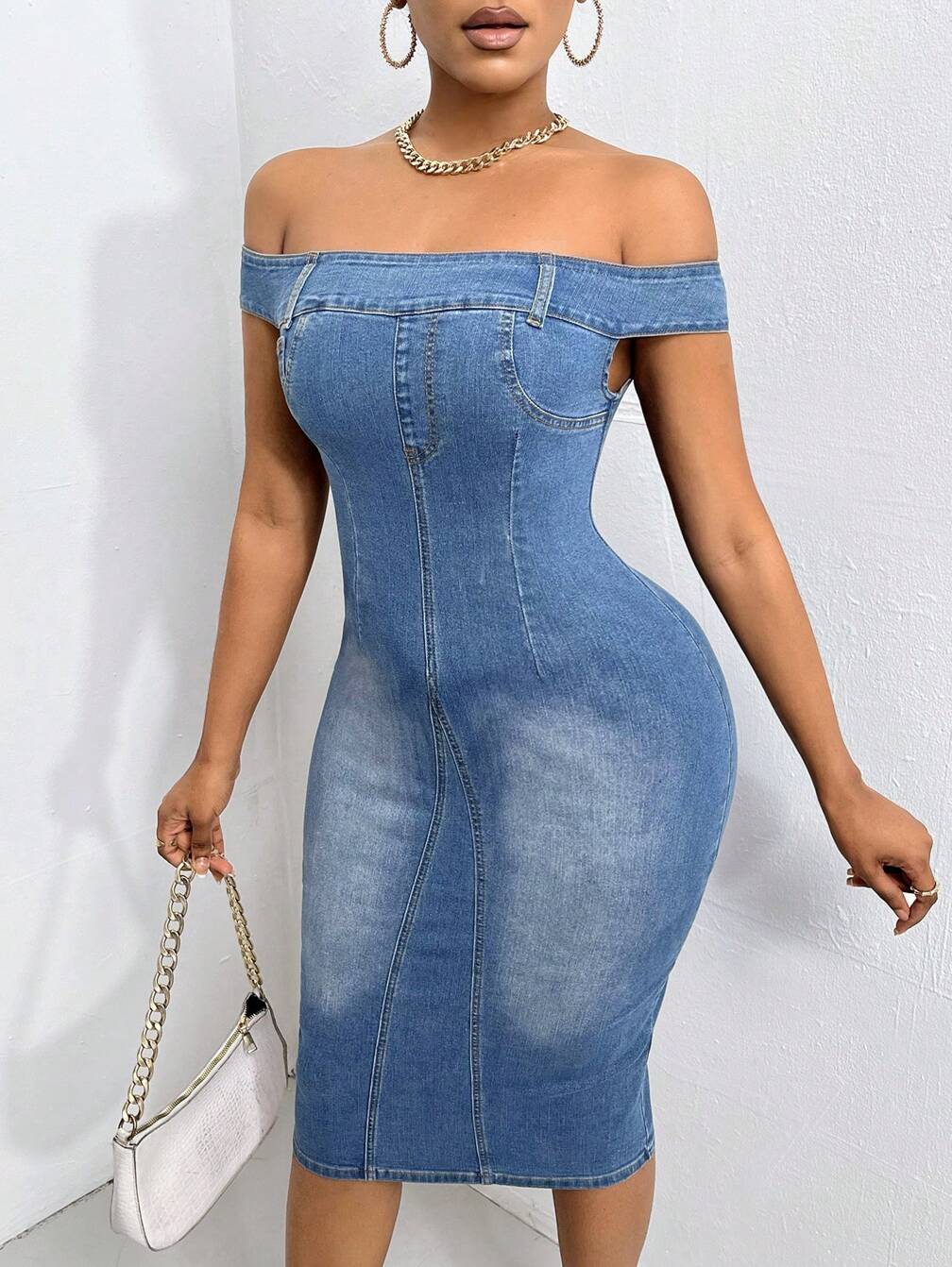 denim off the shoulder bodycon dress Off Shoulder Belted Bodycon Denim Dress In DENIM BLUE