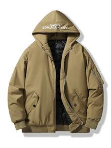 Chillumni Men Letter Graphic Zip Up Hooded Padded Coat - Khaki - View 1