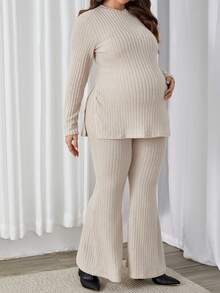 SHEIN Maternity Plus Ribbed Knit Split Hem Tee & Flare Leg Pants - Apricot - View 3