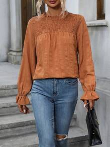 SHEIN Privé Frill Neck Flounce Sleeve Blouse - Brown - View 1