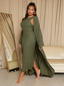 SHEIN SXY Plus Solid Tank Dress & Open Front Coat