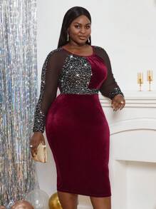 SHEIN Lady Plus Contrast Sequin Mesh Insert Velvet Bodycon Dress - Multicolor - View 4