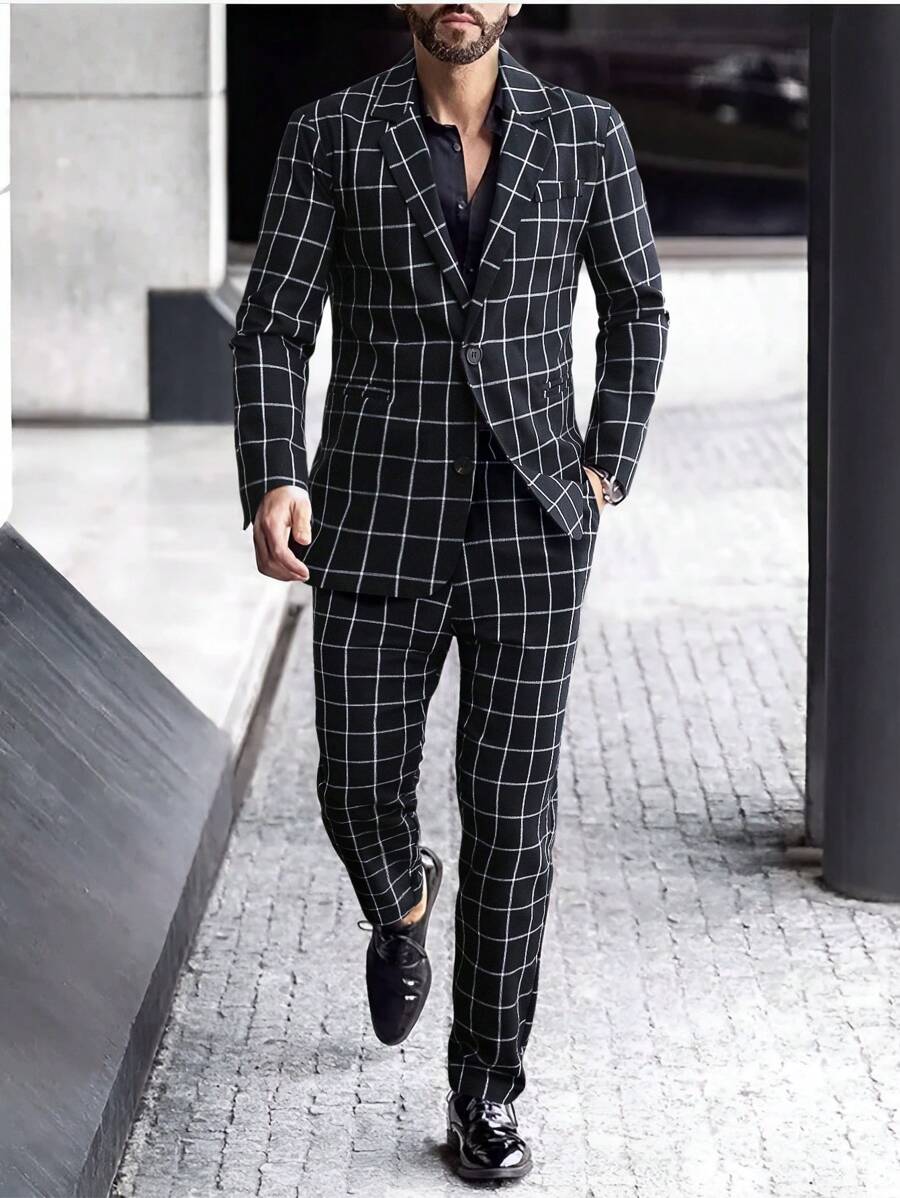 Manfinity Mode Men Grid Print Blazer & Suit Pants - Black - View 1