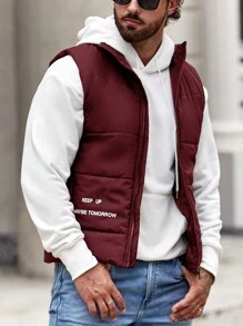 Manfinity 鬆身款男士無袖棉衣,印有字母圖案和拉鍊閉合 - 酒紅色 - 查看 3