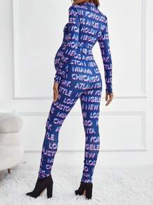 SHEIN Maternity Allover Letter Graphic Mock Neck Unitard Jumpsuit - Purple - View 2