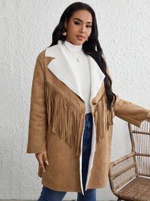 SHEIN VCAY Plus Lapel Neck Fringe Trim Teddy Lined Coat - Khaki - View 2