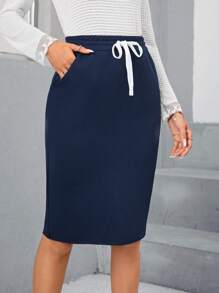 EMERY ROSE Slant Pocket Split Side Skirt - Navy Blue - View 3