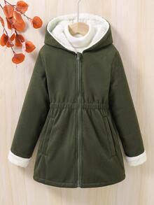 SHEIN Tween Girl Zip Up Thermal Lined Hooded Overcoat - Army Green - View 3